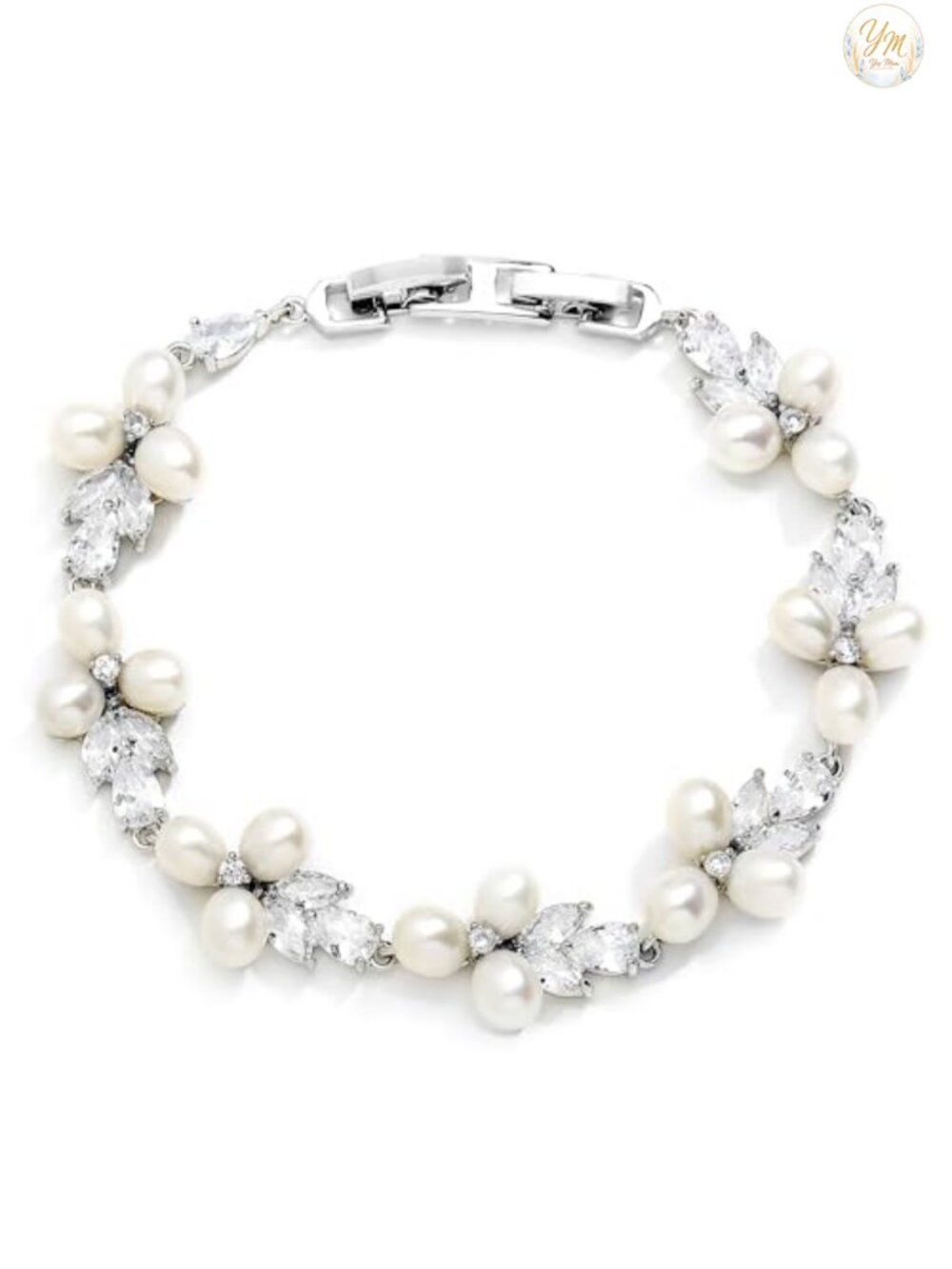 Freshwater Pearl Bridal Bracelet, Cubic Zirconia Tennis, Wedding Jewelry,